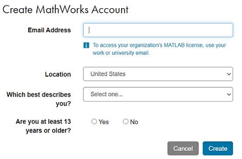 Formulário para criação de conta na MathWorks