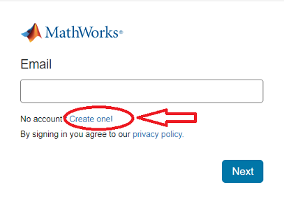 Tela de autenticação da MathWorks com destaque para a opção Create one