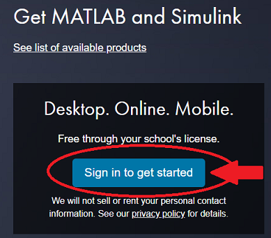 Página da MathWorks com destaque para o botão Sign in to get started